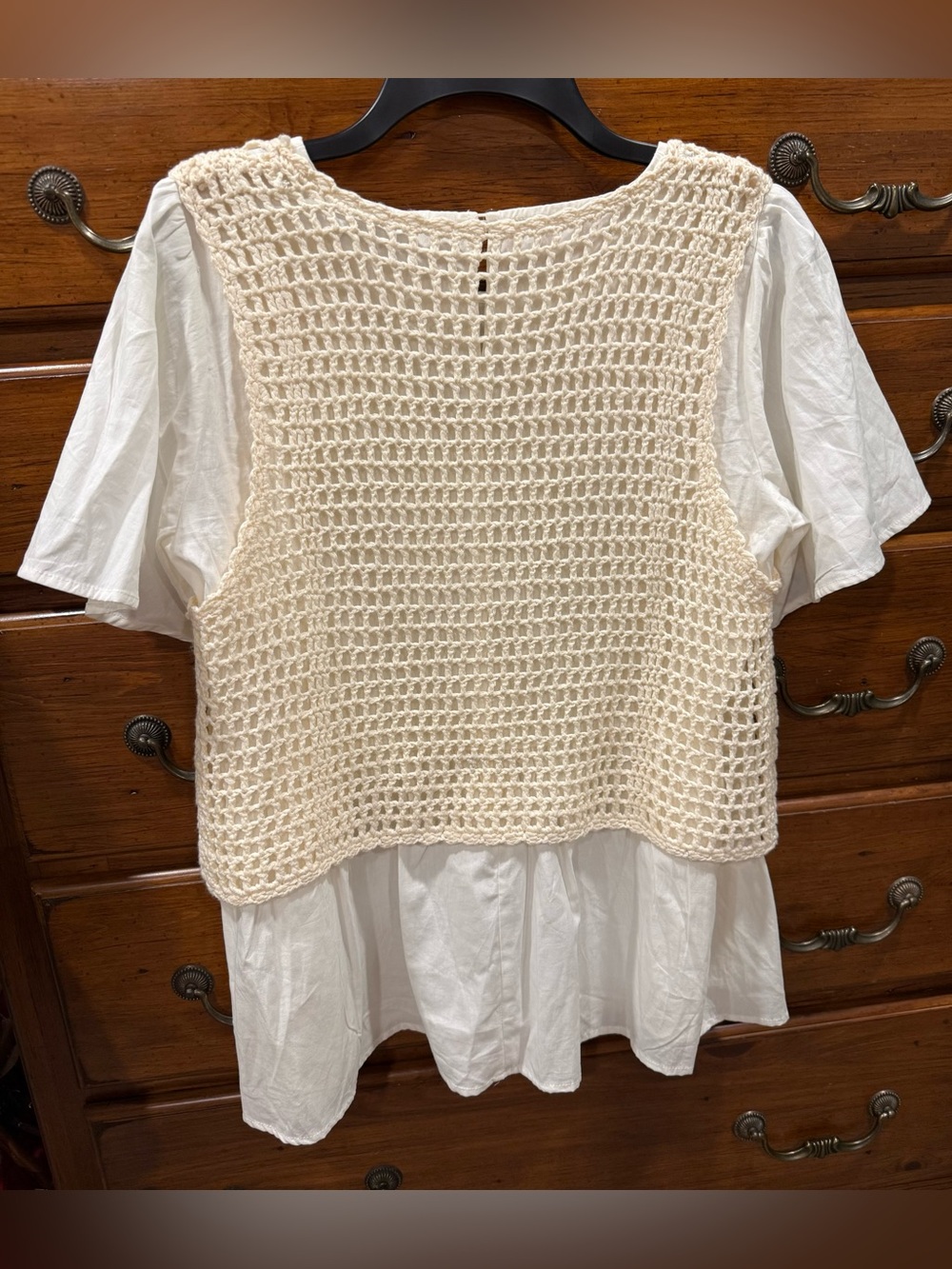NWT Polagram Crochet Overlay Peasant Top Cream & White Size Medium - Picture 3 of 5
